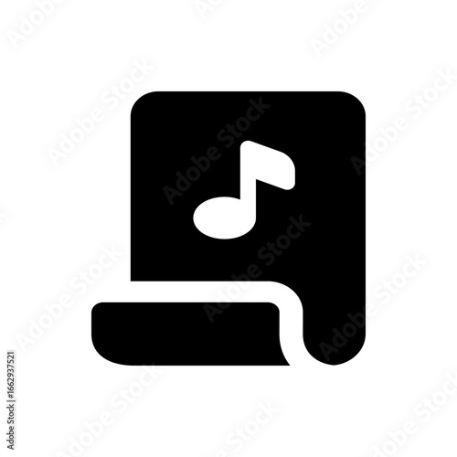Black and white music sheet icon with a musical note on a curled page design on a white background scene