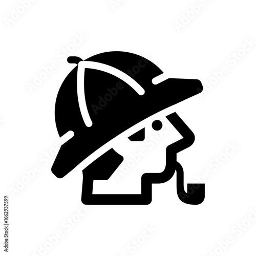 Illustration of a detective in profile wearing a hat and smoking a pipe in black and white style image
