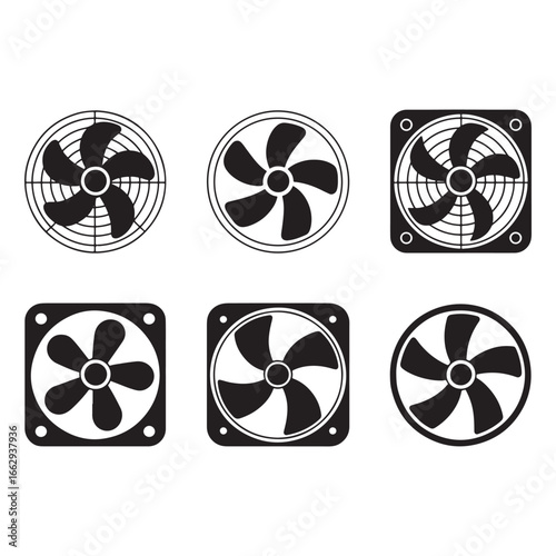 A collection of black and white computer cooling fan icons, representing PC hardware and ventilation systems, vector illustration