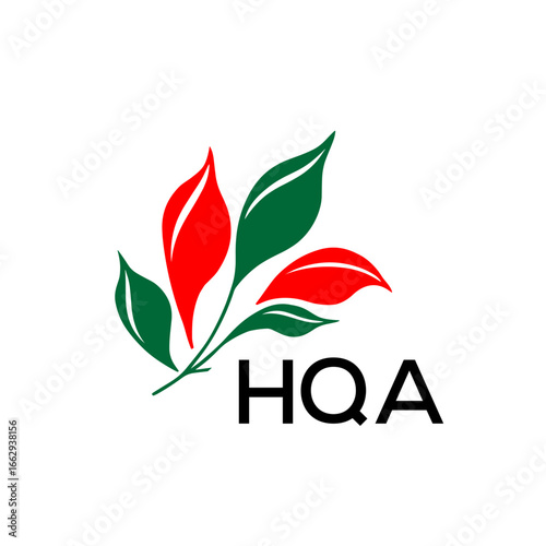 Modern Nature Inspired Logo with Red and Green Leaves, HQA Later Logo, Abstract Botanical Logo with Elegant Typography , 
