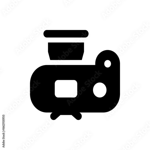 Illustration of a black meat grinder with a hopper and two small legs on a white isolated background