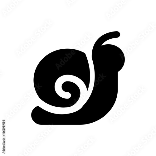 Illustration of a black snail with a spiral shell and a visible antenna on a white background design element