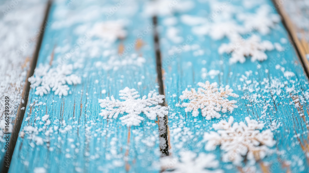Fototapeta premium Blue wooden background adorned with white frosted snowflakes. Perfect winter texture for seasonal designs.