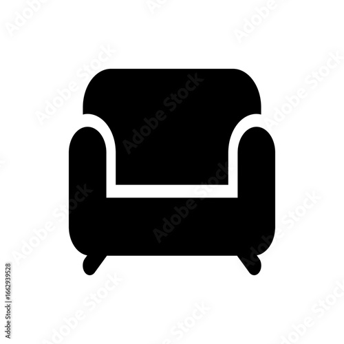 Illustration of a solid black couch with rounded armrests and a comfortable looking seat design element