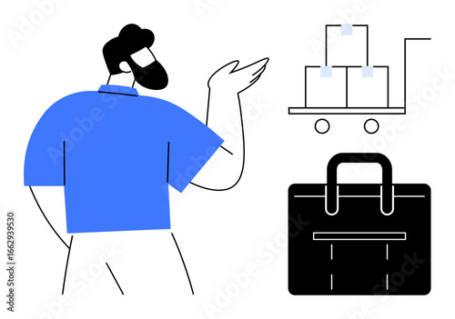 Man gestures toward shopping cart loaded with goods bag symbolizes commerce. Ideal for retail, shopping, logistics, delivery, supply chain, e-commerce, customer service. Clean and simple flat