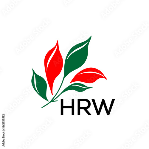 Modern Nature Inspired Logo with Red and Green Leaves, HRW Later Logo, Abstract Botanical Logo with Elegant Typography , 
