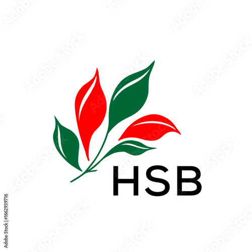 Modern Nature Inspired Logo with Red and Green Leaves, HSB Later Logo, Abstract Botanical Logo with Elegant Typography , 
