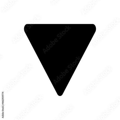 Black downward pointing triangle with rounded corners centered on a white background in simple vector art