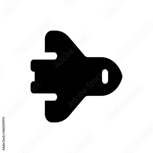 Black silhouette of a rocket ship with a rounded nose and two horizontal stabilizers on the left side