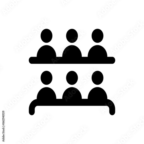 Two rows of three stylized people sitting at tables in a meeting or conference setting in black silhouette