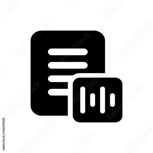 Black document icon with text lines and a waveform icon on the right side in a square shape format