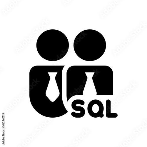 Two stylized figures in suits and ties with sql text overlayed representing database management teams work