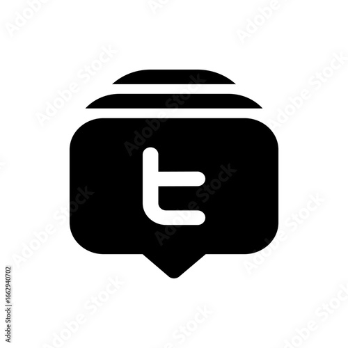 Illustration of a black speech bubble with rounded corners and a white letter t inside representing twitter