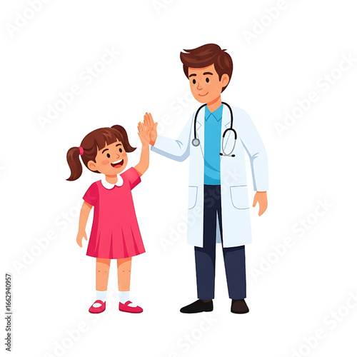 Happy child high five with doctor in white coat healthcare illustration