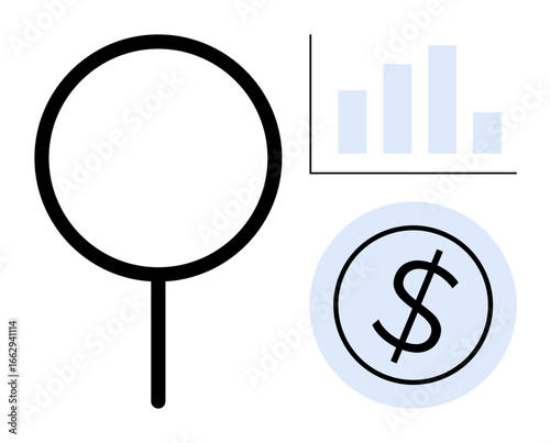 Magnifying glass next to a dollar sign inside a circle and bar chart ascending. Ideal for finance, investment, economic trends, market analysis, business growth, data research, simple flat metaphor