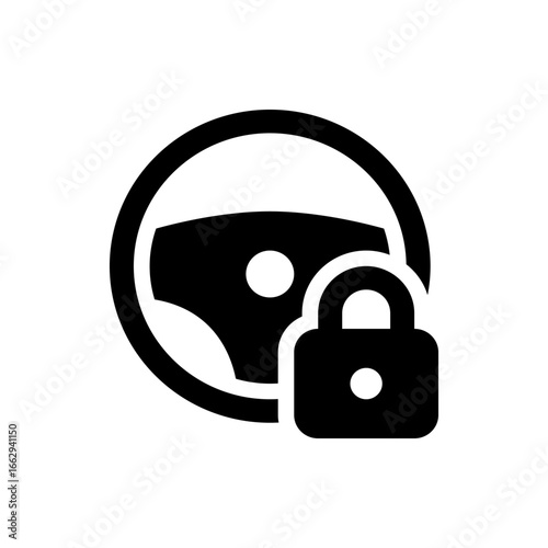 Steering wheel and padlock icon representing car security and theft prevention in a simple black design