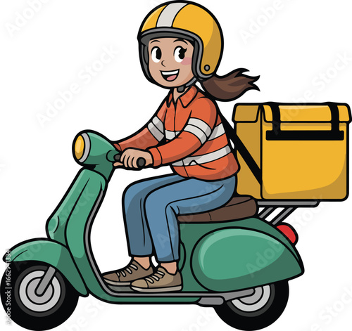 Delivery Rider on Scooter: A smiling delivery rider, donning a helmet, navigates on a scooter with a delivery box, representing swift service, and essential work.