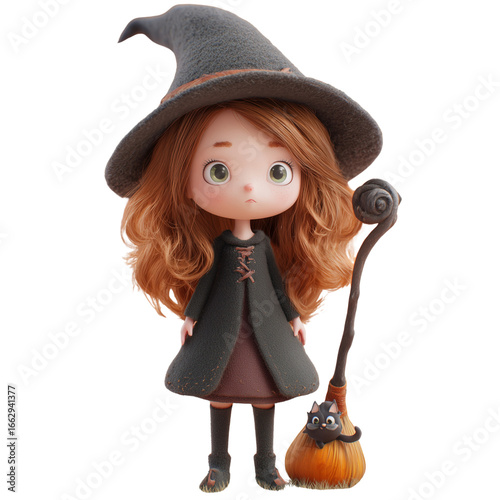 3d cute witch on transparent png background