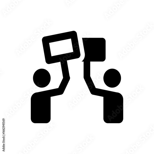 Two figures are demonstrating with signs held high in the air during a protest or rally event scene