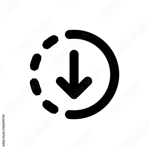 Black arrow pointing down inside a partially dotted circle on a white background in a simple icon style