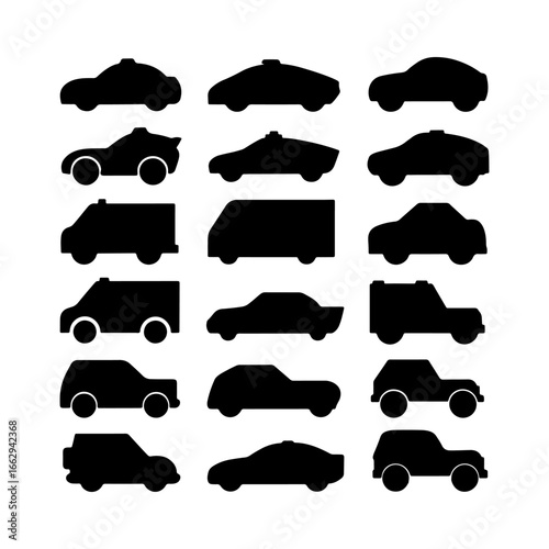 Collection of different car silhouettes displayed in a grid format for design and creative projects