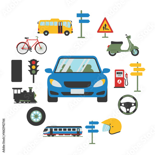 Illustrative image showcasing various modes of transportation, including cars, buses, bicycles, and trains, along with road signs and traffic signals.