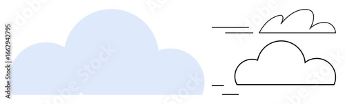 Minimal blue cloud with two outlined variations in different styles. Ideal for creativity, design, evolution, innovation, process, abstract thinking, simplicity. A simple flat metaphor
