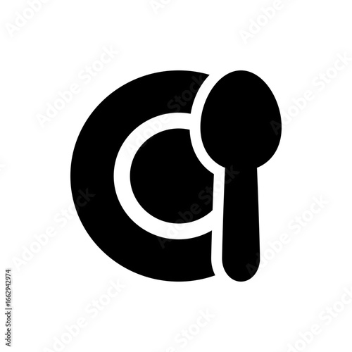 Black and white illustration of a plate with a spoon resting on it in a simple and modern design style