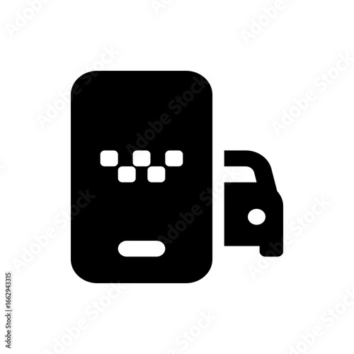 Illustration of a taxi stand with a taxi car, depicted in a simple black and white color scheme design