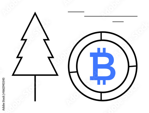 Pine tree beside Bitcoin-themed coin with lines suggesting growth and balance. Ideal for cryptocurrency, fintech, environment, sustainability, green finance, digital economies, blockchain. Simple