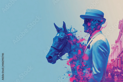 Creative illustration of a fashionable man in a hat with a horse, symbolizing style and racing culture of Melbourne Cup Day