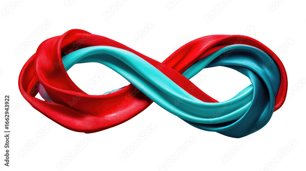 Naklejka premium Symbol of Infinity: A vibrant and dynamic rendering of the infinity symbol, crafted with swirling ribbons of red and cyan, symbolizing timeless continuity and limitless potential.