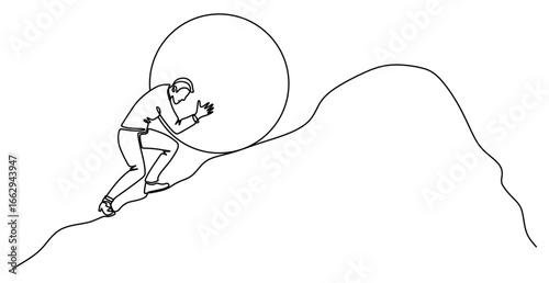 Continuous line art of a man in a work suit pushing a large rock. The concept of hard work for success. This image is isolated with a transparent background.