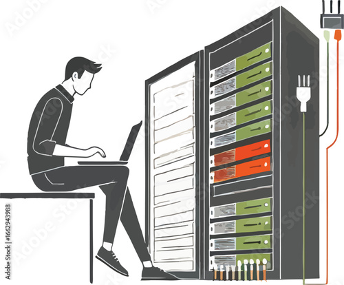 Man Working on Laptop Near Server Rack Green Orange Data