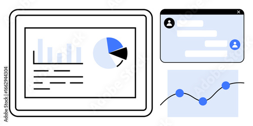 Tablet analytics screen with bar chart, pie chart, and text. Chat window and line trend graph. Ideal for analytics, collaboration, communication, performance, technology data-driven decisions