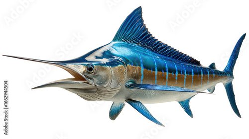 Ocean's Grace: A stunning, meticulously detailed illustration of a marlin, its streamlined form radiating with the brilliant hues of the ocean. 