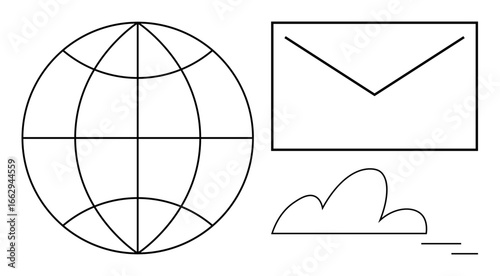 Globe, envelope, and cloud representing worldwide digital communication, cloud storage, and email services. Ideal for connectivity, networking, technology, collaboration globalization IT solutions