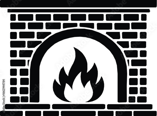 Classic brick fireplace with glowing flames and arched opening silhouette. On white background silhouette vector illustration.