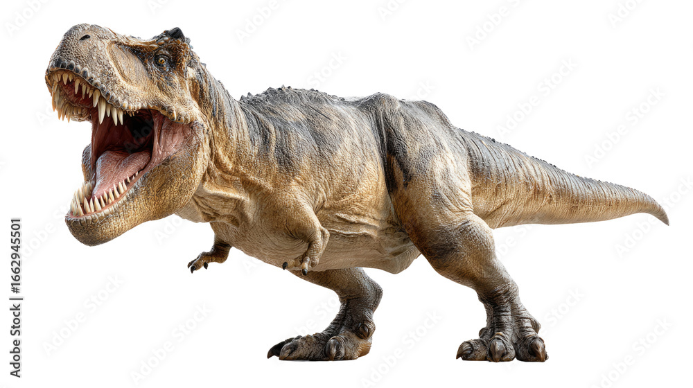 Fototapeta premium Tyrannosaurus Rex in Action: A colossal Tyrannosaurus Rex roars with raw power, showcasing intricate details. This captivating photo evokes the awe of the prehistoric era. 
