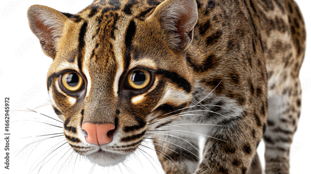 Obraz premium Intriguing Leopard Cat Close-up: Capture the captivating gaze of a leopard cat with its striking spotted fur pattern, and alert expression