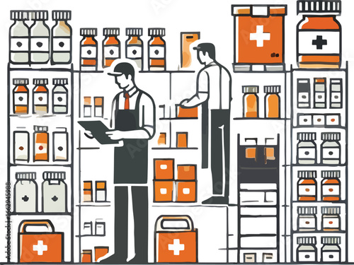 Pharmacy Workers Managing Medicine Inventory Shelves