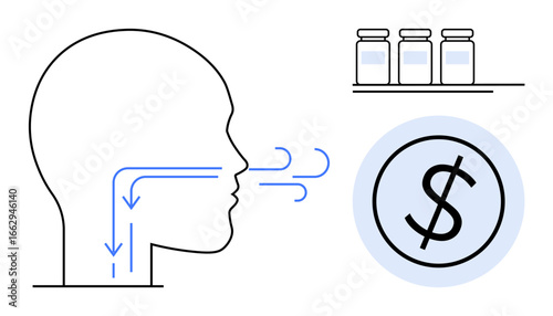 Human respiratory system with airflow arrows, three medicine bottles on a shelf, and a dollar sign in a circle. Ideal for healthcare, treatment cost, wellness, pharmaceutical, economics, medical