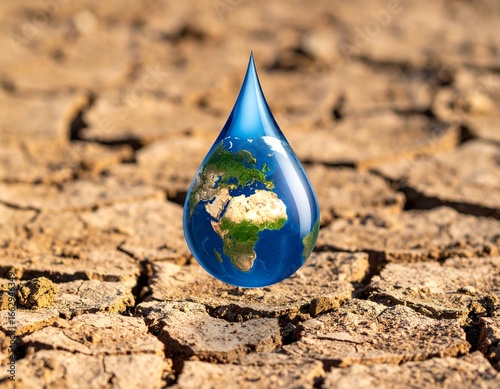 Earth-shaped water droplet on cracked dry soil.