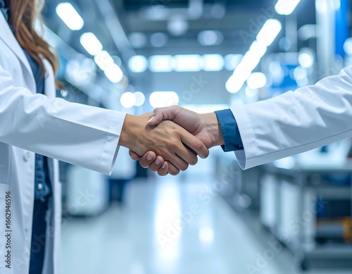 Two people in white lab coats shaking hands in a modern facility