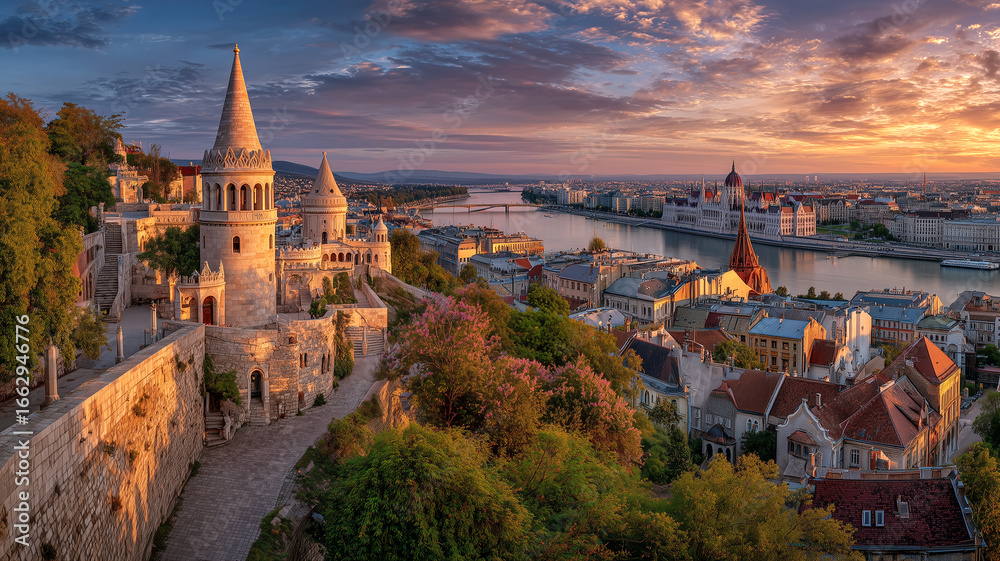 Fototapeta premium Scenic Aerial View of Budapest Hungary with Danube River and Historic Landmarks