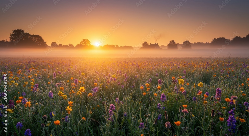 Naklejka premium Vibrant Wildflower Meadow at Sunrise with Misty Fog