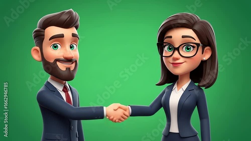 Cartoon business people shaking hands, a friendly corporate agreement.