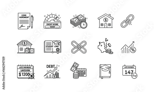 Outline icon set illustrating the concepts of debt, loans, and financial challenges. These vector symbols depict mortgages, credit problems, payment deadlines, and the process of managing financial ob
