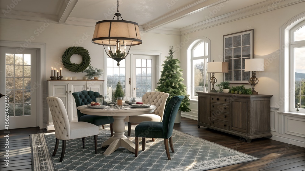 Fototapeta premium Classic European Christmas dining room with round travertine table and elegant holiday styling for Pacific Northwest homes