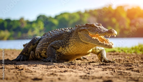Crocodile on riverbank in sunlight